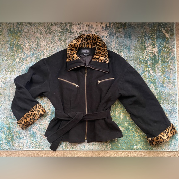 Vintage 90s Braetan leopard print black wool fitted tie waist coat, size large - Picture 1 of 15